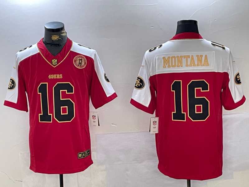 Mens San Francisco 49ers #16 Joe Montana Red Gold FUSE Gate Bridge Patch Vapor Limited Stitched Jersey Dzhi